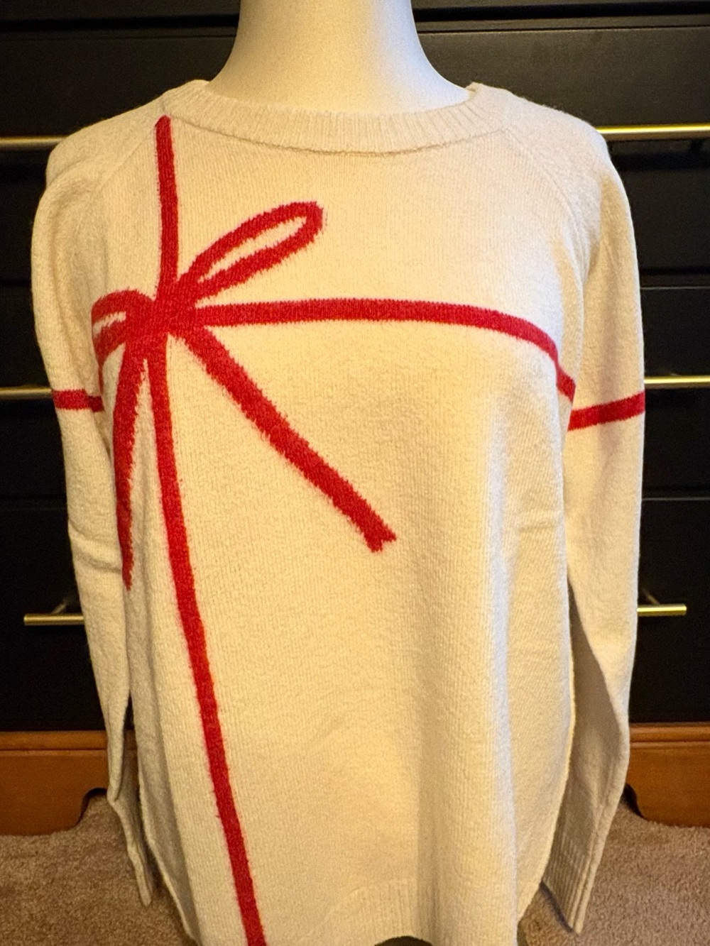 Simply Noelle Cream Sweater with Red Bow Graphic